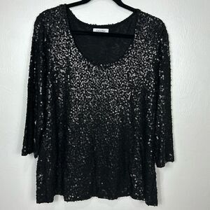 Calvin Klein Black Beaded Sequins 3/4 Sleeves Scoop Neck Top Size 0X